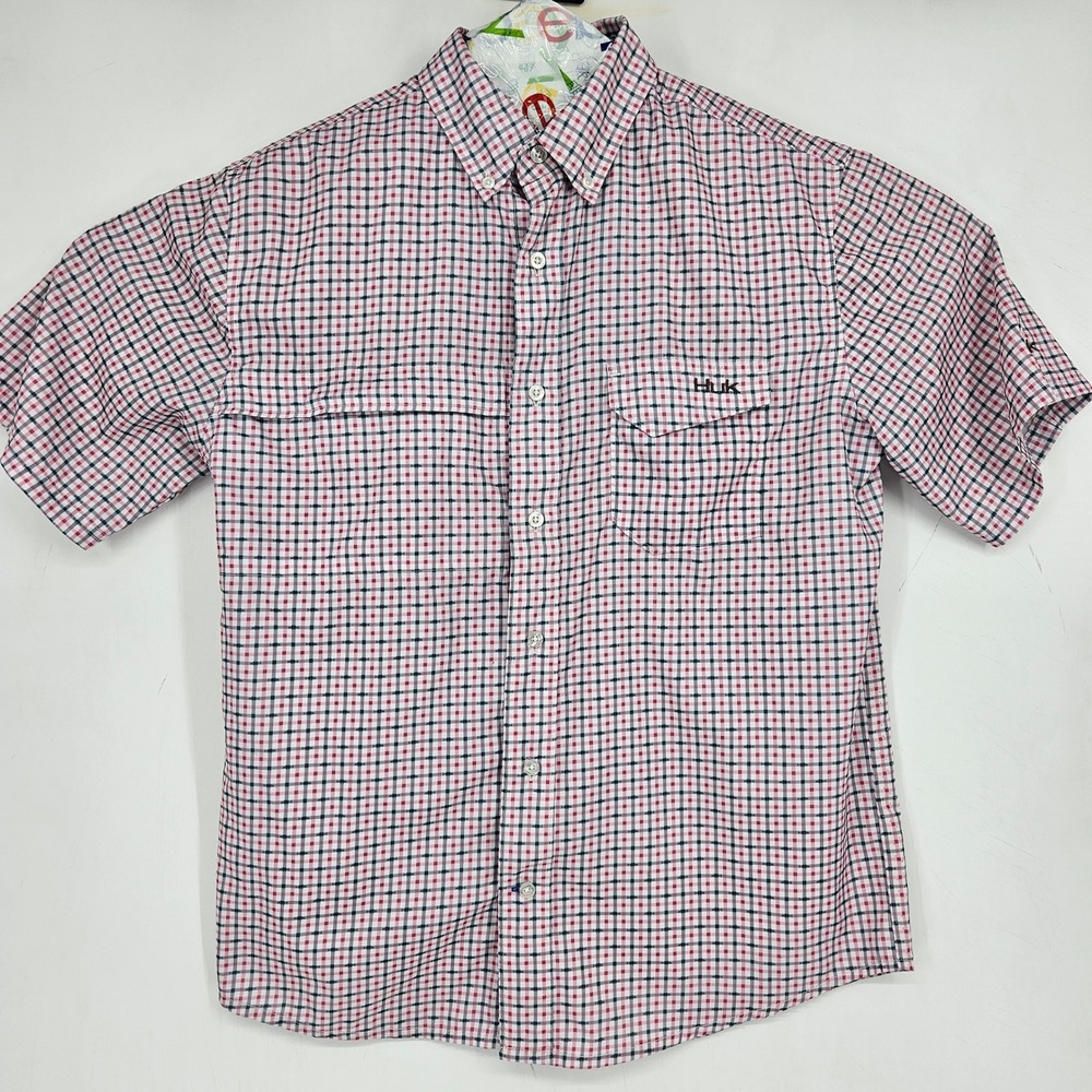Huk Shirt Mens Small Button Up Short Sleeve White‎ Red Fishing Performance